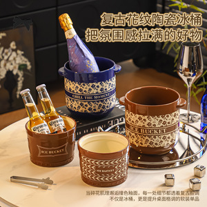 Cubo de hielo retro de cerámica, de gran capacidad, con asas, cubo de cerveza aislado y engrosado, perfecto para fiestas y para crear un ambiente especial. - Product Image 4