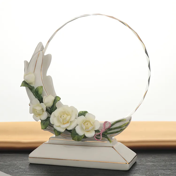 120Mm Ronde Trofee Met Bloem Groothandel Goedkope Crystal Clear Blank Keramiek Award En Trofee