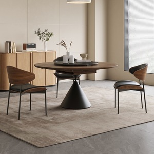 Solid Wood Extendable <b>Dining</b> <b>Table</b> Round Walnut <b>Top</b> Black Base Modern Minimalist Design For <b>Dining</b> Room - Product Image 2