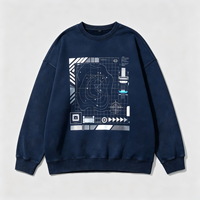 Sweat-shirt à col rond épais avec impression DTG Kornit, motif graphique cybernétique, style streetwear minimaliste, haut décontracté pour le quotidien