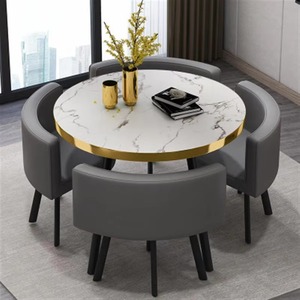 Table ronde moderne en MDF <span class=keywords><strong>de</strong></span> 25 mm, ensemble <span class=keywords><strong>de</strong></span> table à <span class=keywords><strong>manger</strong></span> <span class=keywords><strong>pas</strong></span> <span class=keywords><strong>cher</strong></span>, 1 table et <span class=keywords><strong>4</strong></span> chaises, base en métal pour boutique, centre commercial, maison, bar, hôtel, bureau - Product Image 5