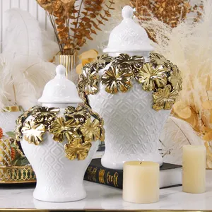 J244 Luxury Decoration Home Decorative Gold Rose Flower Vase Jar Ceramic Ginger Jar For Wedding Centerpieces