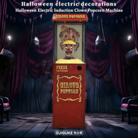 Nouvelle arrivée : grande machine à popcorn décorative avec figurine de clown qui se réveille, éclairée par des LED, pour la décoration de scène d'Halloween