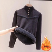 Pull d'hiver à col montant doublé en peluche pour femmes Pull décontracté épais et chaud en tricot Coréen Slim Pullover Soft Plus Velvet Knitwear Jumper