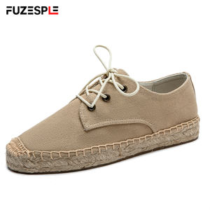 Zapatos planos beige para mujer, zapatos de lona con punta cerrada, alpargatas con cordones de tela, plataforma trenzada, calzado informal de verano - Product Image 1
