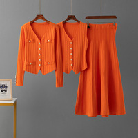 Set Rajutan 3 Potong Wanita: Cardigan, Jaket, Rok Elegan, Rompi Tanpa Lengan, Setelan Sweater Wanita Musim Dingin, Kancing Emas