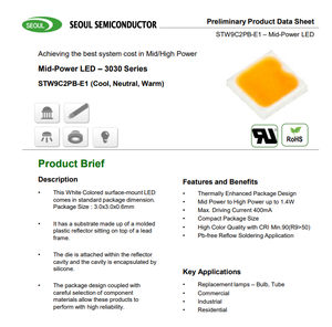 Puces LED SMD 3030 de puissance moyenne Mid Power SEOULs STW9C2PB-E1 Série 3030 (Blanc froid, Blanc neutre, Blanc chaud) - Product Image 2