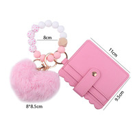 Schattige Siliconen Kralen Lederen Sleutelhanger Polsje Id Creditcard Houder Portemonnee Voor Vrouwen Meisje Tas Bedels Liefde Hart Bont Pompom Bal