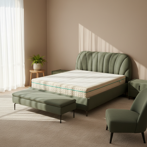 <span class=keywords><strong>Lit</strong></span> moderne rembourré en velours avec table de chevet, banc et <span class=keywords><strong>fauteuil</strong></span> assortis / Assortiment complet pour la chambre / Produits assortis en promotion - Product Image 1