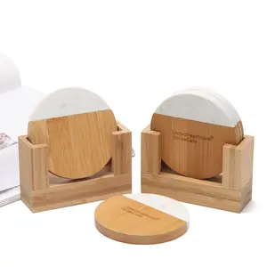 Wholesales Eco Bamboo Modern Set Of 3 Trivets Cup Mat Pads White Marble And Acacia Wood Coaster Sets