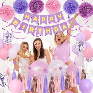 Décorations de fête d'<span class=keywords><strong>anniversaire</strong></span> rose violet pour femmes et filles avec bannière Joyeux <span class=keywords><strong>anniversaire</strong></span>, guirlandes en spirale, glands, ballons en latex - Product Image 2