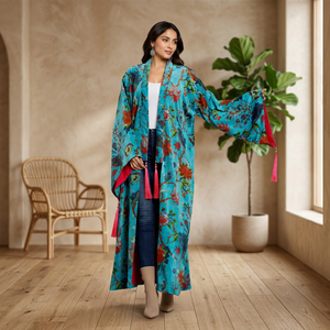 Vestido Largo Holgado Estilo Kimono con Estampado Floral Boho, Mangas Murciélago y Decoración de Borlas, Ropa Casual de Verano - Product Image 1