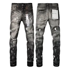 סיטונאי באיכות גבוהה סגולים רקמת רחוב רחוב סקיני ג'ינס התאמת מכנסיים שטיפת אבן תיקון ג'ינס לגברים במצוקה