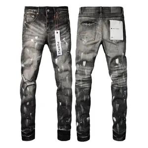 Venta al por mayor de alta calidad morados High Street bordado Skinny Denim pantalón ajuste Stonewash parche desgastado pantalones vaqueros de los hombres