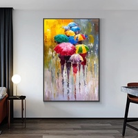 Peinture à l'huile 100% peinte à la main sur toile, abstraite, représentant des personnes sous la pluie avec des parapluies colorés, décoration de mariage pour le salon