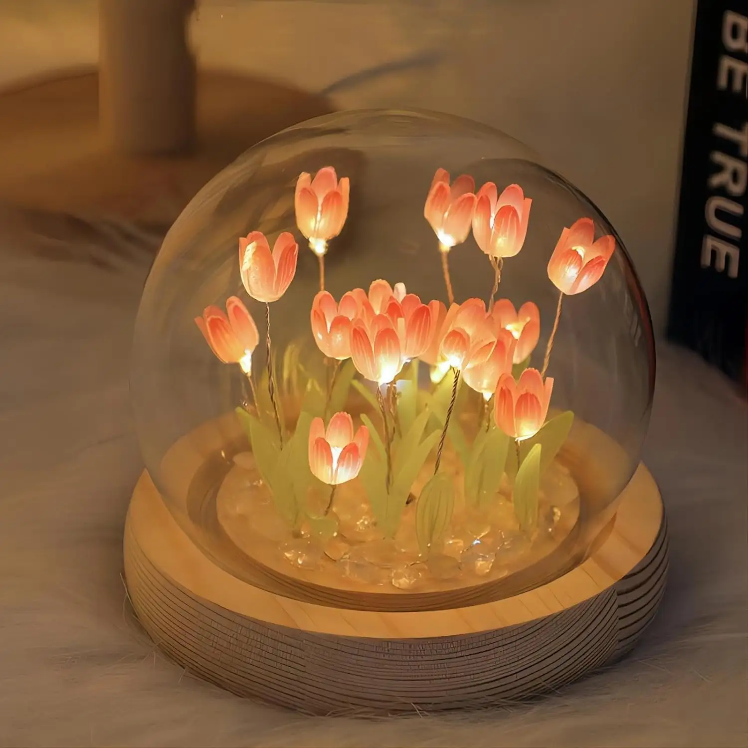 Regalo del Día de la madre, tulipán de cristal DIY con luz, lámpara de mesa de flores artificiales, lámpara de tulipán romántica, luz de noche LED de tulipán púrpura/rosa