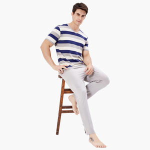 Mens <b>Blue</b> <b>White</b> <b>Striped</b> Pajamas Knitted Men's Sleepwear Loungwear Set Custom Bamboo Pajamas Sets Mens Clothing Vietnam Factory - Product Image 2