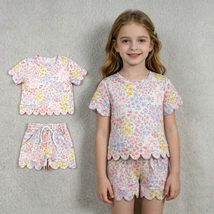 RTS Boutique Casual Garden Flower Print <b>Sister</b> Girls Clothing Sets Spring Autumn Breathable 95% Cotton 5% Spandex Scallop Edge - Product Image 1