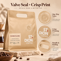 Sac à café en papier kraft imprimé sur mesure avec poignée et valve de dégazage unidirectionnelle, pochette d'emballage à fond plat