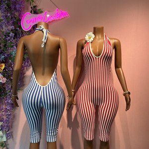 Nuova Tuta Intera da Donna Retrò a Righe con Scollo Incrociato e <span class=keywords><strong>Schiena</strong></span> <span class=keywords><strong>Scoperta</strong></span>, Tuta Aderente Sexy Stile Street Europeo e Americano - Product Image 2