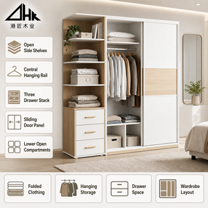 Armoire coulissante en bois blanc avec étagères ouvertes, tringle de suspension, trois tiroirs et compartiments de rangement inférieurs pour chambre à coucher - Product Image 1