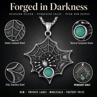 Collier pendentif toile d'araignée gothique en pierre turquoise, acier inoxydable, style punk rock, vente en gros OEM B2B