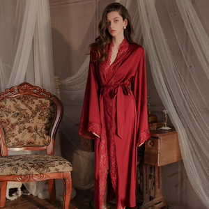 Indossa da notte Sexy in raso lungo da donna con finiture in pizzo elegante abbigliamento da notte a portafoglio <span class=keywords><strong>Kimono</strong></span> lussuoso Look in seta Boudoir da sposa <span class=keywords><strong>rosso</strong></span> - Product Image 2