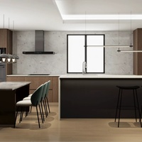 Ensemble d'armoires de cuisine modulaires sur mesure, design moderne, portes en bois massif, tiroirs à glissières en mélamine, charnières, table à manger, utilisation en appartement