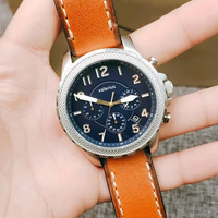 Valerius Jam Tangan Chronograph Kuarsa Pria 46Mm Jam Tangan Olahraga 3BAR Tanggal Bercahaya Tali Coklat Dial Biru Laut Bulat