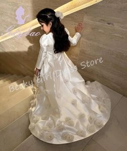 Özelleştirilmiş Saten Çiçek Kız Elbise Düğün için 3d Tam Kollu Prenses Ziyafet Akşam Partisi İlk Cemaat Balo Elbisesi - Product Image 5