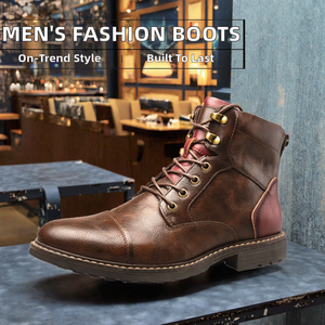 รองเท้าบูทข้อเท้าหนัง PU แบบผูกเชือกสำหรับผู้ชาย สไตล์ใหม่ แฟชั่นฤดูหนาว ระบายอากาศได้ดี กันลื่น ทนทาน เหมาะสำหรับขี่มอเตอร์ไซค์ ขายส่ง - Product Image 2