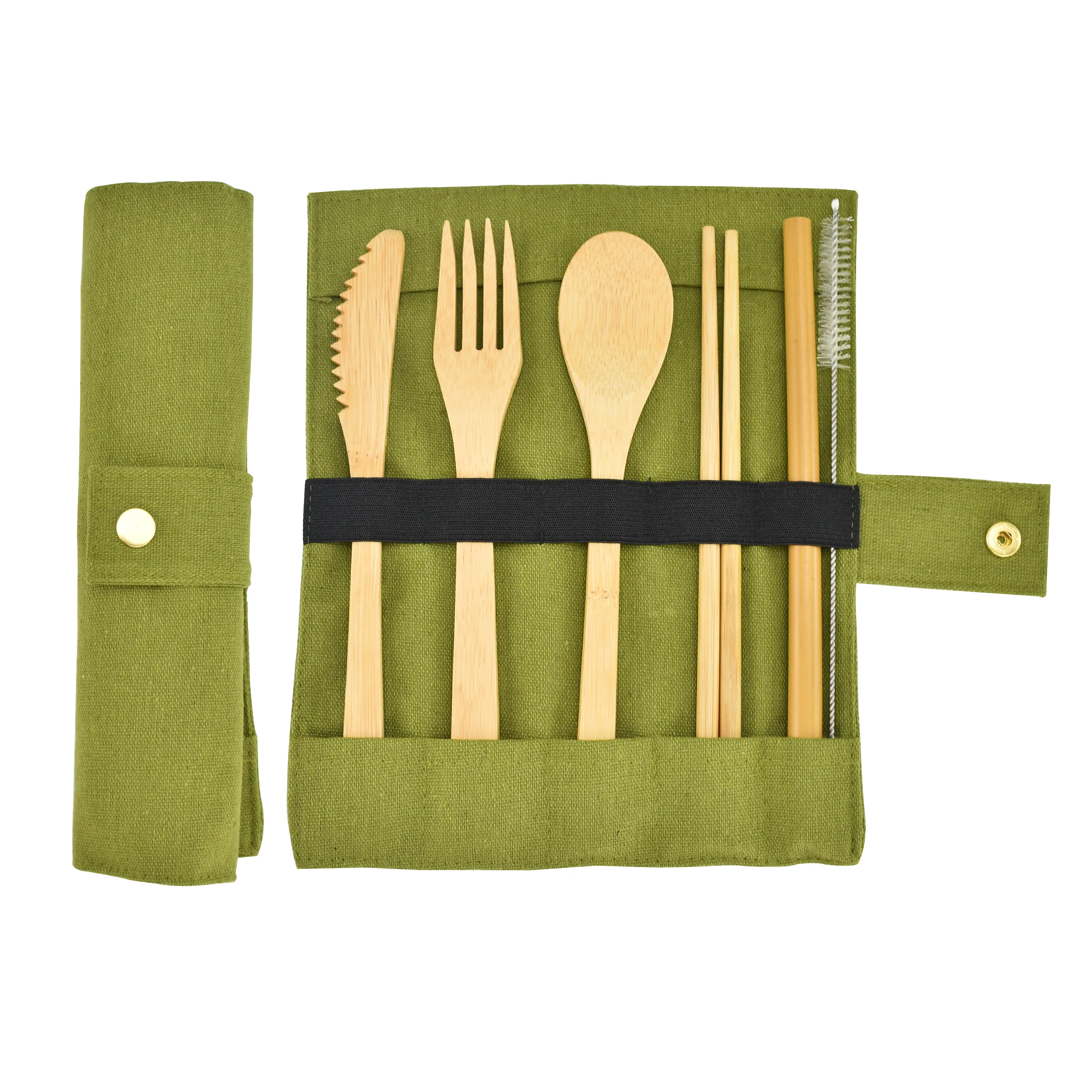 Custom Eco-friendly 100% Natural Bamboo Wooden Fiber Material Reusable Camping Travel Fork Spoon Cutlery Set With Straw