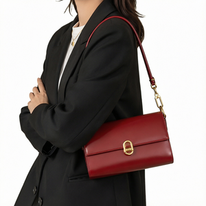 Red Genuine Leather Flap Handbag Women Shoulder Purse Slim <b>Underarm</b> <b>Bag</b> Vintage Lock Decoration for Daily Party Travel 01 - Product Image 1