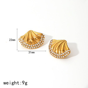 Pendientes de tuerca con forma de concha e incrustaciones de diamantes de imitación, de acero inoxidable, joyería para mujer, accesorio de moda para fiestas - Product Image 4