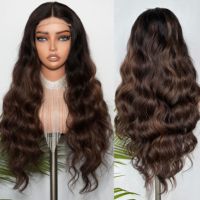 Perruques à fermeture en dentelle 4x4 en gros, sans colle, en cheveux humains mélangés, ombré caramel, avec mèches, ondulations lâches pour femmes noires