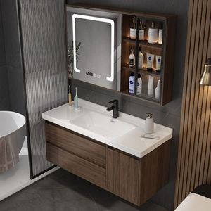Modern style walnut bathroom cabinet ceramic integrated basin intelligent <b>mirror</b> cabinet set - Product Image 1