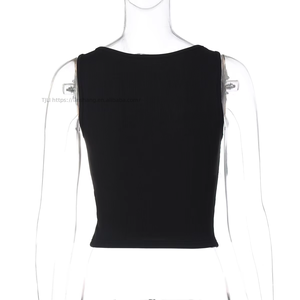 Women's Square Neck Sleeveless Crop Top - <b>Metal</b> Ring Embellished Ribbed Slim Fit Top Vest Fashion - Product Image 5