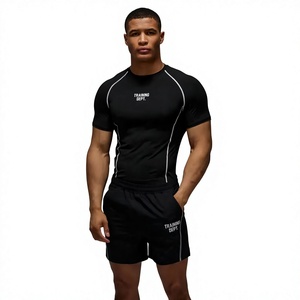 T-shirt de sport à manches courtes pour homme, noir, avec coutures contrastées, coupe ajustée, pour la gym et l'entraînement - Product Image 1