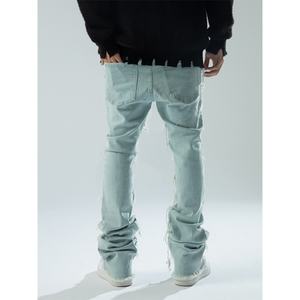 Jeans en denim déchiré superposé vintage Y2K bleu clair délavé avec ourlet effiloché Pantalon décontracté droit pour hommes - Product Image 4