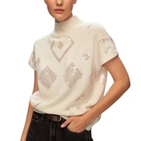 Pull à manches courtes pour femmes personnalisé basique demi col roulé motif géométrique paillettes brodées