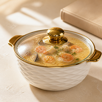 Ensemble de plats à gratin en céramique en gros, porcelaine blanche à relief ondulé, bord doré, couvercle en verre, ensemble de 3 bols à soupe