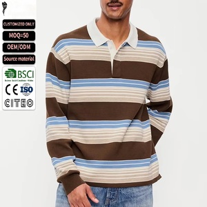 เสื้อยืดผู้ชายทรงโอเวอร์ไซส์ ผ้าคอตตอนหนานุ่ม ลายทาง สไตล์สตรีทแวร์ วินเทจ ทรงหลวม แบบโปโล - Product Image 1