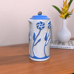 Vente en gros <span class=keywords><strong>Cafetière</strong></span> française en céramique faite à la main avec design floral en relief <span class=keywords><strong>Cafetière</strong></span> artisanale à fleurs bleues - Product Image 4