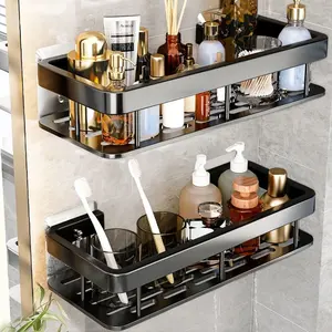 Home Bathroom Metal Corner Storage Rack Shelf Wall Mounted Shower Caddy Organizer Self-adhesive Bathroom Shelf With Hooks