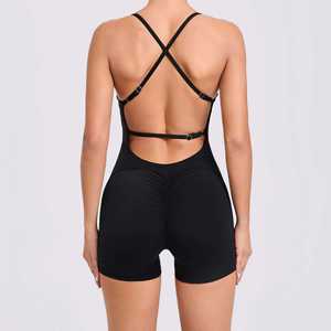 Logo personnalisé en gros plissé sans <span class=keywords><strong>embarras</strong></span> ligne Yoga combinaison courte sport Fitness combinaison femmes une pièce - Product Image 6