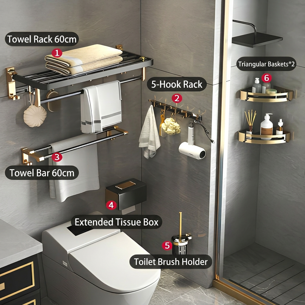 Juego de accesorios de baño de 6 piezas en oro negro