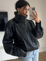 Veste en simili cuir marron de haute qualité pour femmes, veste bomber oversize, veste de motard vintage en cuir PU, vêtements d'extérieur