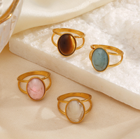 Bagues en acier inoxydable de taille réglable en gros avec pierres ovales en résine de quartz, jade et œil de tigre pour mariage et fiançailles