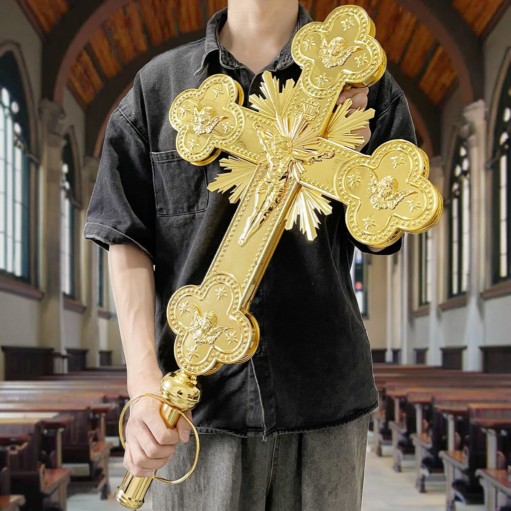 Orthodox Catholic Big Cross Double Sided Gravure Printed Casting Metal Handhold Crucifix Blessing Cross Souvenir
