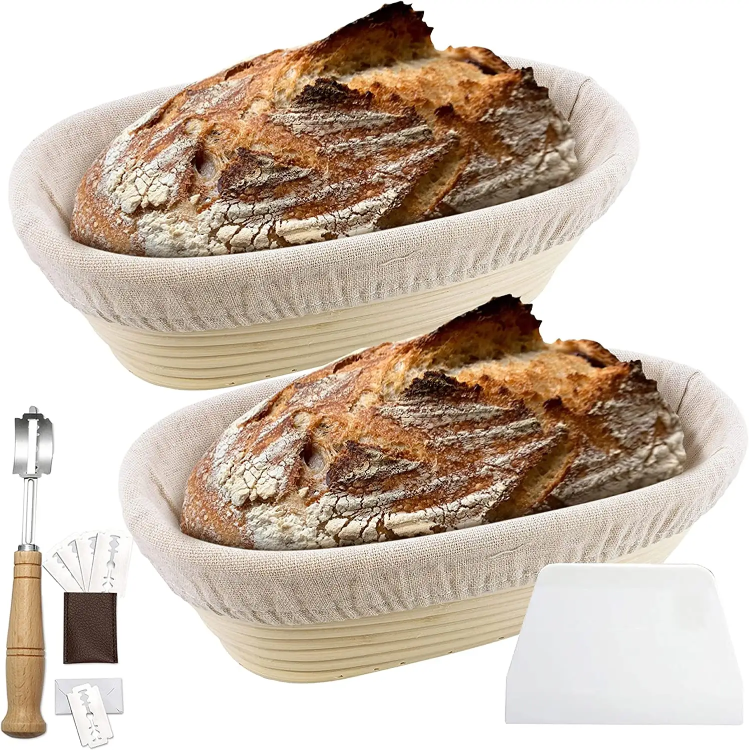 Giỏ Đựng Bánh Mì Hình Bầu Dục 11 Inch Kèm Vải Lót Dụng Cụ Cạo Và Cắt Bánh Mì Cao Cấp Bát Nướng Lý Tưởng Cho Bột Nhào